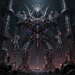 A digital matte intricate illustration concept art of industrial environment inspired art and greebles + dark shadowy neon colors, symmetry , intricate complexity, epic composition, gritty atmosphere, highly detailed, cinematic lighting + masterpiece, trending on artstation + 8k