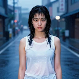 A middle-shot from front, blue color photograph portrait of a young Japanese woman in wet sleeveless white shirt is standing in the heavy rain street, cool twilight, 1990 photo from Japanese photograph Magazine.