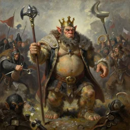 the king of trolls after destroying the rival armies in a tough fight. oil painting