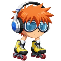 anime boy with massive headphones, spiky orange hair, goggles, rollerblades, cel - shading, 2 0 0 1 anime, flcl, jet set radio future, sunshine, neighborhood, trees, oak trees, suburban neighborhood, cel - shaded, strong shadows, vivid hues, y 2 k aesthetic