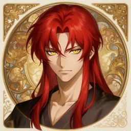 portrait of hisoka morow hunter hunter, male, sharp jaw yellow eyes narrow sultry eyes red hair crimson medium length hair, anime, fantasy, intricate, elegant, highly detailed, digital painting, artstation, concept art, matte, sharp focus, illustration, art by artgerm and greg rutkowski and alphonse mucha