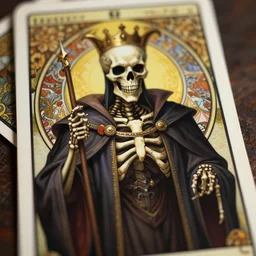 undead skeleton king, wearing an academic gown, tarot card, highly detailed, deep focus, elegant, digital painting, smooth, sharp focus, illustration, ultra realistic, 8 k, art by artgerm and alphonse mucha