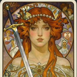 realistic detailed face portrait of the Queen of Swords by Alphonse Mucha, Ayami Kojima, Amano, Charlie Bowater, Karol Bak, Greg Hildebrandt, Jean Delville, and Mark Brooks, Art Nouveau, Neo-Gothic, gothic, Tarot, Tarot card, swords, tarot swords, rich deep moody colors