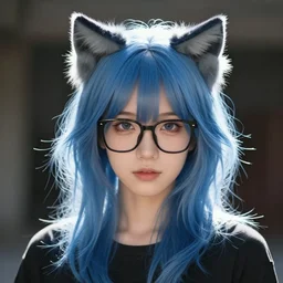 photo of a young woman with messy medium-length blue hair and cat ears, black glasses, backlit