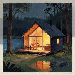 ( ( dither ) ), editorial illustration a cozy lakeside cabin designed by zaha hadid in a forest at night. colorful modern, mads berg, karolis straututniekas. ( ( christopher balskas ), fine texure, dynamic perspective, detailed, matte print, muted color, lomography, dramatic lighting