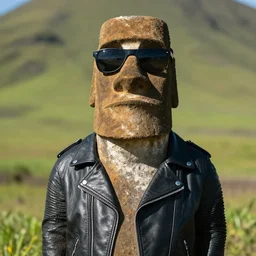 A moai statue wearing sunglasses and a biker jacket