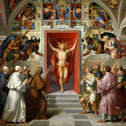 the sistine chapel's ceiling broken open, a red portal from hell opens up, lucifer in portal with demons, priests and pope look at the scene with terror. highly detailed painting by gaston bussiere, greg rutkowski, 4 k