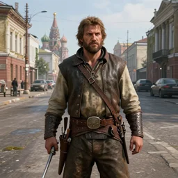 arthur from rdr 2 in russia reality nowadays at tolyatti sportivnaia street photorealism