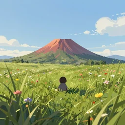 tiny volcano sitting between blades of grass and wildflowers in a field, trending on artstation, digital art ( by joseph meehan ) ( by victor adame ) ( by anna steinbauer )