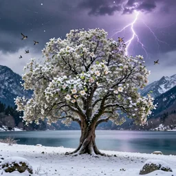 a beautiful awesome artistic tree around snow falls with falling flowers like leaves and many birds, lightning in the sky, all in the amazing outdoors view, mountain in the background, lake, long exposure, 8 k resolution, trending on artstation