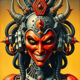 biomechanical alien robot goddess kali, female, intense stare, sarcastic smile, symmetrical, concept art, intricate detail, volumetric shadows and lighting, realistic oil painting, 1 9 7 0 psychedelic soviet poster,