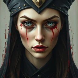 a hyper realistic witch empress, beautiful symmetrical face, award winning painting, brush splashes of blood, artwork by chiara bautista and beksinski and norman rockwell and greg rutkowski, tom bagshaw weta studio, and lucasfilm