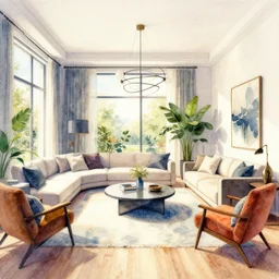 a hiper intricate watercolor of a beatiful modern indoor living room, extremely detailed, sharp focus, wide view, smooth, digital illustration, detailed rough paper, colorfull, by william turner art, by greg rutowski, by carl larson, by edmund dulac