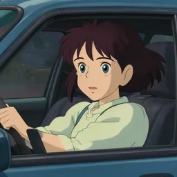 a brunnete girl with blue eyes and puffy cheeks driving a car, close up shot from the back of the car, anime art, Greg Rutkowski, studio ghibli, dramatic lighting