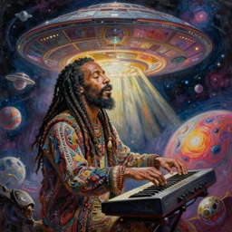 a high hyper detailed painting with many complex textures of damian marley making music in the cosmos, cosmic surreal psychedelic magic realism spiritual ufo art