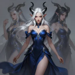 a highly detailed illustration of white haired horned demon girl wearing dark blue dress, dramatic elegant seductive pose, perfect body, art by artgerm and greg rutowski and ilya kuvshinov, intricate, elegant, highly detailed, centered, digital painting, artstation, concept art, smooth, sharp focus, league of legends concept art, wlop.