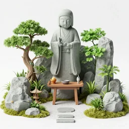 a pagan luscious japanese garden with amazing little altar and plants with a gigantic statue of an ancient god stretching its arms above the garden by beksinski, digital art, colorful, artstation