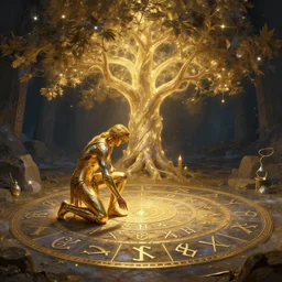 man made from gold and silver inspects a rune circle under a glowing magic tree romance novel fantasy artwork epic detailed and itricate digital painting trending on artstation by wlop octane render