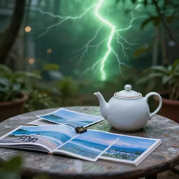 winter garden with a teapot and seaside pictures on a table, green lightning, bokeh, artistic