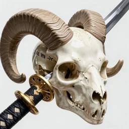 3 d sword close - up sword ram skull. beautiful intricately detailed japanese crow kitsune sword and classical japanese. betta fish, jellyfish pheonix, bio luminescent, plasma, ice, water, wind, creature, artwork by tooth wu and wlop and beeple and greg rutkowski