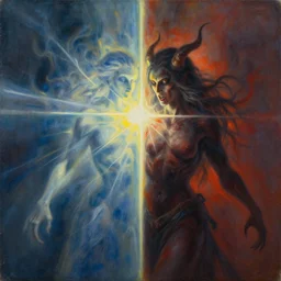 evil and badness attack the celestial being from one side, but from his other side emerges light and life. like a prism with light passing through it. contrast of evil and good | painting by craig mullins