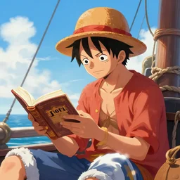 Luffy reading a book, on a boat, digital painting