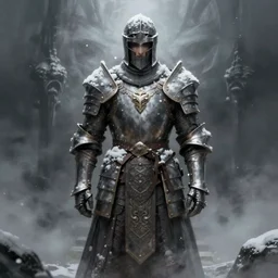 magic : the gathering fantasy character concept art by frank frazetta and marco bucci, high resolution. a clear portrait of an ancient medieval knight, armor covered in snow, ominous fog in the background, volumetric lighting, sad, symmetry, fantasy coloring, intricate, 8 k, digital painting, artstation