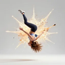 a perfect colorised portrait photograph of a backflip woman, erupting in every direction, jets of glowing effluent and metallic chunks.