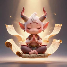a tiny cute demon floating while meditating and wrapped in sacred scrolls, smooth, intricate, elegant, digital painting, artstation, concept art, sharp focus, octane render, illustration, art by shintaro kago, apex legends character,