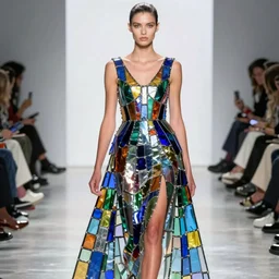 “paris fashion week model walking on the runway wearing a high fashion dress made out of stained glass”