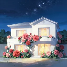 a simple and atmospheric white villa, lot of giant roses of different colors, beautiful starry sky, the stars shining, light and shadow, by makoto shinkai