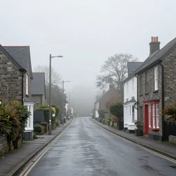 photograph of a foggy street in a small town