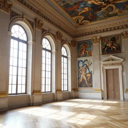 The bright and majestic beautiful Renaissance palace chamber filled with soft light from beautiful windows with beautiful paintings of a demons on the walls, high quality interior photo trending on photostocks