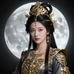 portrait of moon goddess, 4 k, intricate and ornate, highly detailed, sharp focus, beautiful, background silver moon, age 2 0