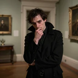 night portrait of a neurotic british man ( ( ( vampire ) ) ) feeling confidant in a grungy museum f / 1. 4 hdr