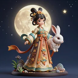 intricate richly detailed 3 d illustration of a girl in a traditional chinese dress rabbit moon night with stars background completely render by rossdraws, thomas kinkade