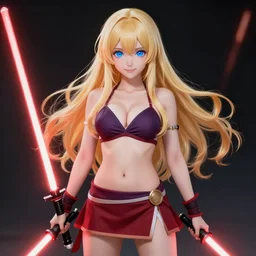a very beautiful young anime jedi girl, holding red lightsabres, full body, long wavy blond hair, sky blue eyes, full round face, short smile, bikini, miniskirt, front view, mid - shot, highly detailed, cinematic wallpaper by stanley artgerm lau