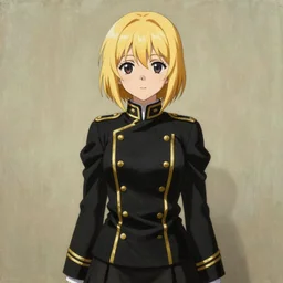 Anime key visual of a classical oil painting of A girl in a black uniform finished with gold thread with blonde short hair and dark eyes , official media, Gelbooru Image Database | Sankakucomplex Image Database | Shuushuu Image Database | Safebooru Digital Art Image | Trending On Instagram Konachan