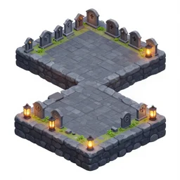 graveyard halloween isometric 2. 5 d game level, myvmk, with detailed stone, clean, lanterns, disney, toon shader, arnold maya render, artstation by miha rinne