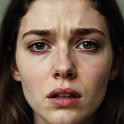 a candid extreme closeup portrait of an expressive face of a terrified young woman by annie leibovitz