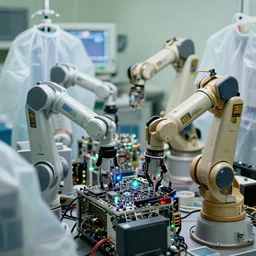 a close up of many small boxy kuka robotic arms operating a broken computer, large translucent garments, hospital, blinking leds, color photo, various levels of details, 5 0 mm sigma lens, high aperture