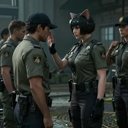 cat girl officer paying respects to her fallen comrades, screenshot from metal gear solid v : phantom pain, cinematic cutscene, directed by hideo kojima, solemn, dramatic, high quality,