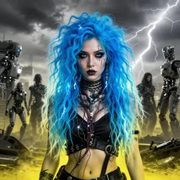 highly detailed portrait of wasteland punk long curly neon blue electricity hair tribal lady, stray electric spark wiring by atey ghailan, james gilleard, by joe fenton, by greg rutkowski, by greg tocchini, by kaethe butcher, 4 k resolution, gradient yellow, black and white color scheme!!! ( ( lightning cloudy robotic dystopian city background ) )
