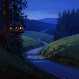 a road weaving through rolling hills from the edge of a fantasy redwood treehouse forest at dusk. perspective landscape fantasy. high contrast, strong shadows. deep colorful soft gradients, rich blue tones. by norman rockwell, johfra bosschart, and eyvind earle. artstation