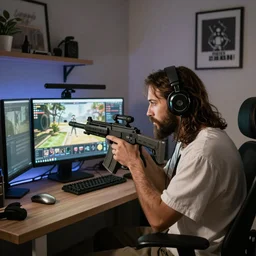 Jesus Christ is playing call of duty in a room that looks like a YouTuber's room.