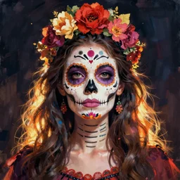 Illustration of a sugar skull day of the dead girl, art by m w kaluta