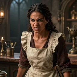 female tavern maid, angry, dark hair, tanned, beautiful, stunning, detailled, by luis royo, by pixar, by myazaki, game of thrones, gothic, final fantasy, fantasy, medieval