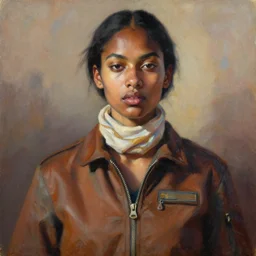 detailed portrait in daring femininity, ethnic, statuesque, confident realistic face, flight suit and scarf, bathed in morning light, chiaroscuro, radiosity, angular impressionism, sense of motion, natural color scheme with contrasting highlights, burnt sienna and opal, modern fashion, contemporary art, deep rich hues, oil on canvas