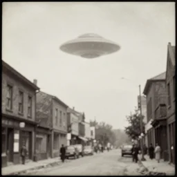 1800s photograph of a street scene depicting a blurry triangular UFO in the sky