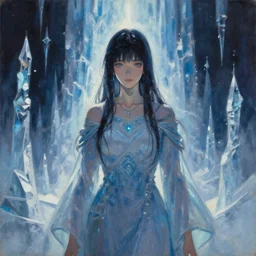 priestess of the ice temple. gouache painting by award - winning mangaka, bloom, chiaroscuro, backlighting, depth of field.
